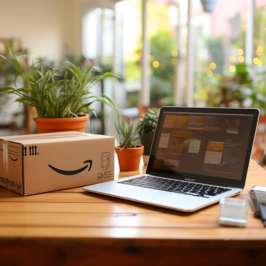 a delivered parcel box on a table with a laptop, blueprints, and tools, generative ai
